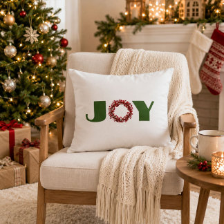 Joy Christmas Wreath Minimalist Farmhouse Holiday Decorative Cushion