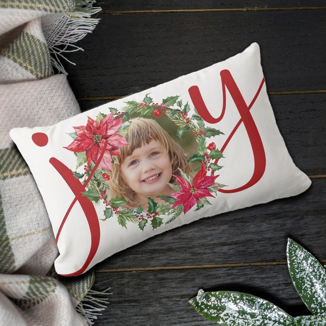JOY Christmas Wreath Photo Lumbar Cushion (JOY Christmas Wreath Photo Lumbar Pillow)