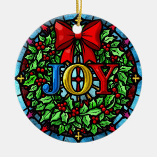 Joy Christmas Wreath Stained Glass Ceramic Ornament