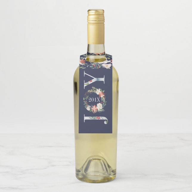 Joy Christmas Wreath & Typography Bottle Tag (On Bottle)