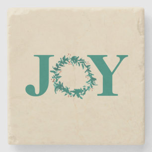 Joy Christmas Wreath with Berries Stone Coaster
