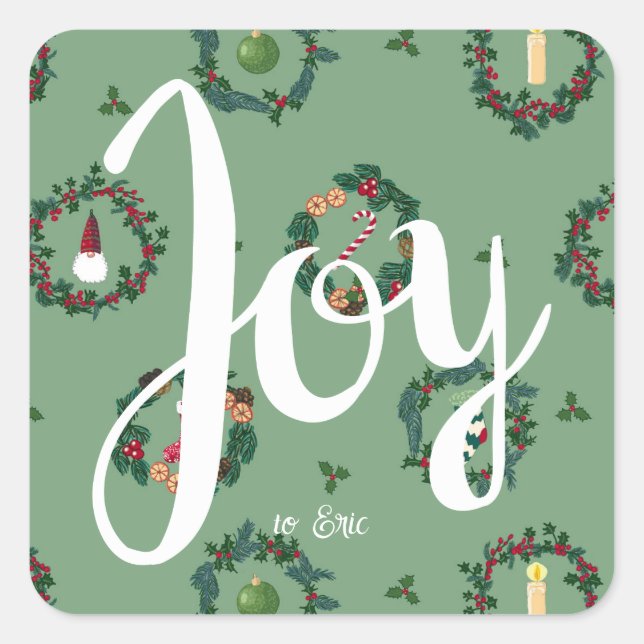 Joy Christmas wreaths, Customisable Square Sticker (Front)