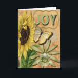 Joy Collage Season's Greetings Holiday Card<br><div class="desc">A pretty collage with the text JOY as a Season's Greetings.  Collage has vintage Eiffel Tower paper,  a sunflower,  a yellow butterfly,  a pretty green flower and a china cup and saucer.  Along with a vintage french postcard and a border surrounding the JOY</div>