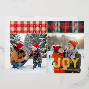Joy Cosy Plaid and Gold 2 Family Photo Flat   Foil Holiday Card
