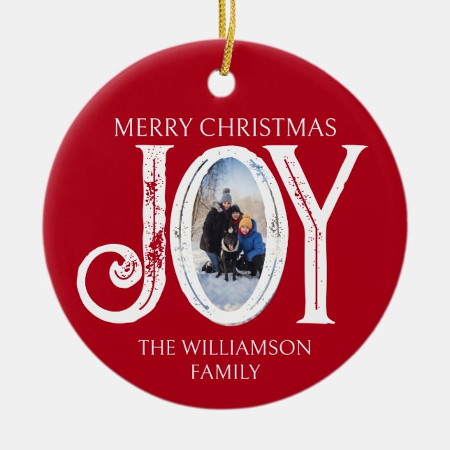 Joy Custom Family Name Photo Christmas Holiday Ceramic Ornament (Front)