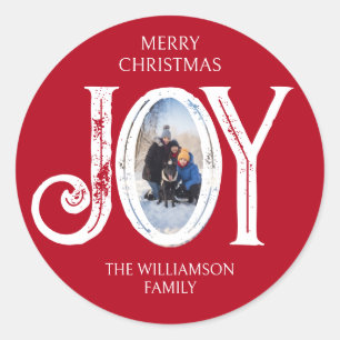 Joy Custom Family Name Photo Christmas Holiday  Classic Round Sticker