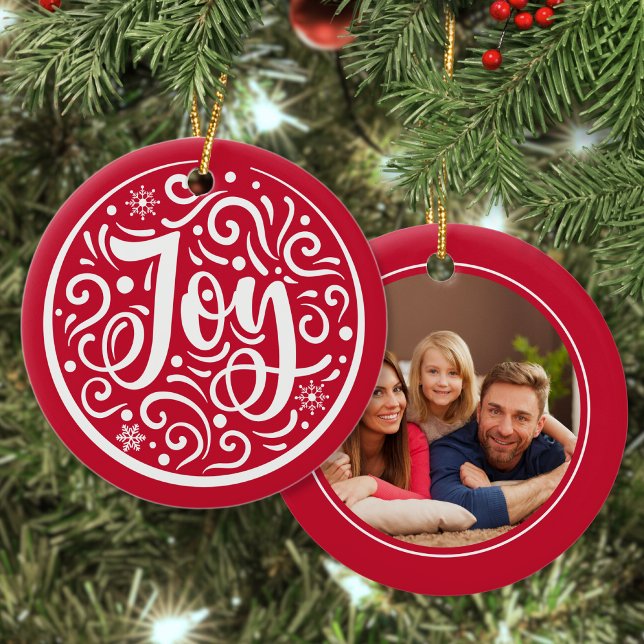 Joy Custom Family Photo Christmas Holiday Red Ceramic Ornament (Creator Uploaded)