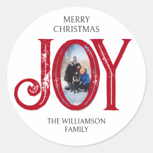 Joy Custom Photo Family Name Christmas Holiday Classic Round Sticker