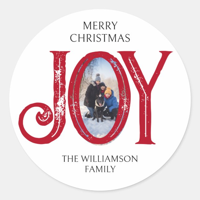 Joy Custom Photo Family Name Christmas Holiday Classic Round Sticker (Front)