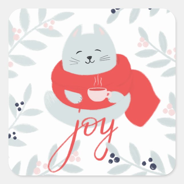 Joy. Cute Christmas cat. Winter holiday animal Square Sticker (Front)