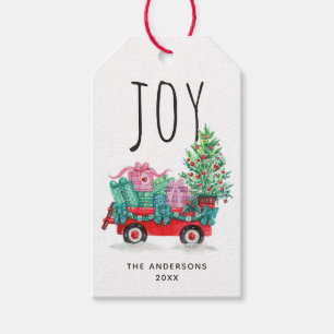 Joy. Cute Christmas tree and box winter holidays Gift Tags