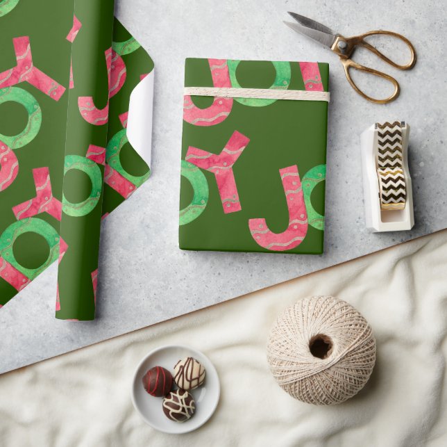 Joy | Cute Colourful Red Green Christmas Pattern Wrapping Paper (Crafts)