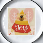 Joy. Cute winter Christmas woodland bear animal Napkin<br><div class="desc">"Joy" Christmas Napkin with cute funny cartoon woodland bear animal in pink blush red colours for winter holidays.</div>