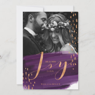 Joy Deep Purple Watercolor Wash Newlyweds Photo Holiday Card