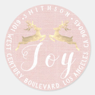Joy Deer Christmas Return RSVP Linen Rustic Pink Classic Round Sticker
