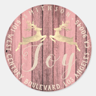 Joy Deer Holiday Return RSVP Wood Pink Rustic Gold Classic Round Sticker