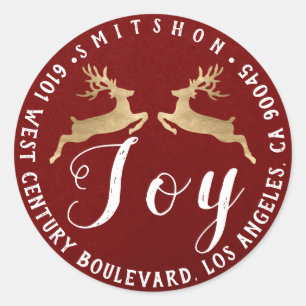 Joy Deers Holiday Return Address Burgund Gold Lux Classic Round Sticker