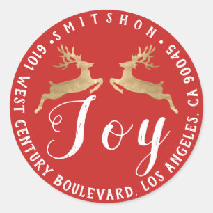 Joy Deers Holiday Return Address Red White Gold1 Classic Round Sticker