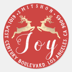 Joy Deers Holiday Return Address Red White Gold Classic Round Sticker