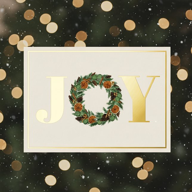 Joy Dried Orange Pine Wreath Non Photo Gold Foil Holiday Card (Creator Uploaded)