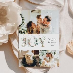 JOY Elegant 3 Photo Gold Greenery Berries Holiday Card