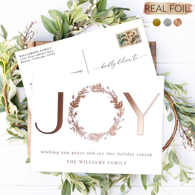 "JOY", Elegant and Simple, Foil Holiday Postcard  (Creator Uploaded)