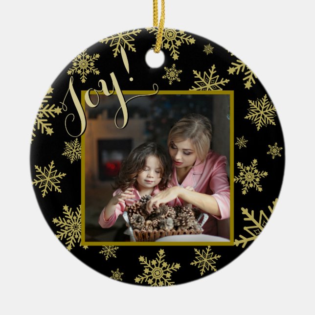 Joy! Elegant Black & Gold Round Holiday Photo Ceramic Ornament (Front)