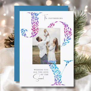 Joy Elegant Christmas Floral Typography Photo Holiday Card