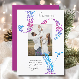 Joy Elegant Christmas Floral Typography Photo Holiday Card