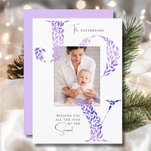 Joy Elegant Christmas Floral Typography Photo Holiday Card