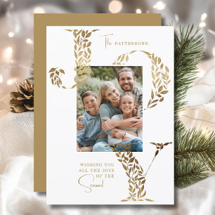 Joy Elegant Christmas Floral Typography Photo Holiday Card