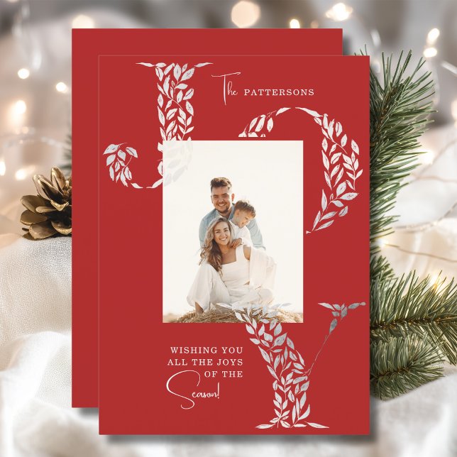 Joy Elegant Christmas Floral Typography Photo  Holiday Card (Creator Uploaded)