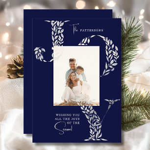 Joy Elegant Christmas Floral Typography Photo  Holiday Card