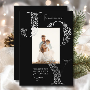 Joy Elegant Christmas Floral Typography Photo Holiday Card