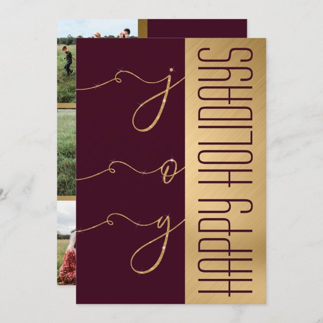 Joy Elegant Gold Burgundy Glitter Photo Holiday Card (Front/Back)