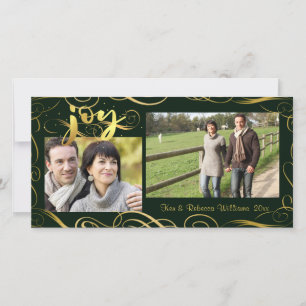 JOY, Elegant Gold Flourish on Changeable Evergreen Holiday Card