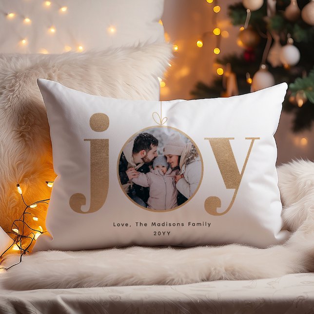 Joy | Elegant Gold Ornament Christmas Family Photo Lumbar Cushion (Creator Uploaded)
