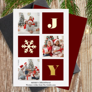 JOY Elegant Gold Snowflakes Modern Script Photo Foil Holiday Card