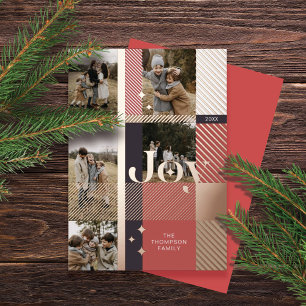 Joy Elegant Plaid 5 Family Photo Plaid Collage Foil Holiday Card