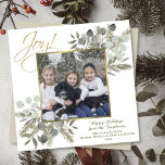 Joy! Elegant Sage & Gold Winter Greenery w/ Photo Holiday Card<br><div class="desc">This elegant square shaped holiday card features your photo in a gold faux foil frame surrounded by rustic sprigs of winter greenery including pine branches and eucalyptus leaves. The caption reads: Joy! and there is space for a short greeting as well as the year, and a signature. The hand painted...</div>