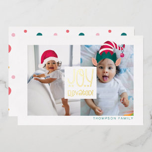 Joy Elevated Fun Elf & Santa Claus Hat 2 Photo Foil Holiday Card