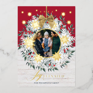 Joy Elevated Photo Snowflake Wreath White Shiplap Foil Holiday Card