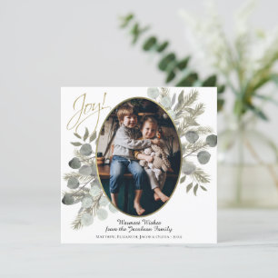 Joy! Eucalyptus Leaves & Pine Gold Photo Frame Holiday Card