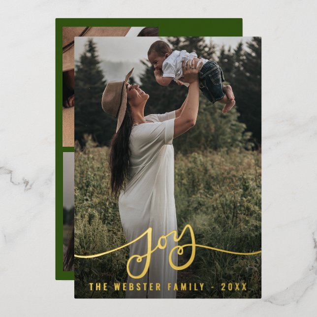 Joy Family Christmas Photo Foil Holiday Card (Front/Back)