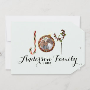 Joy family name and photo in Christmas ornament Holiday Card