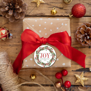Joy Family Name Christmas Wreath Classic Round Sticker