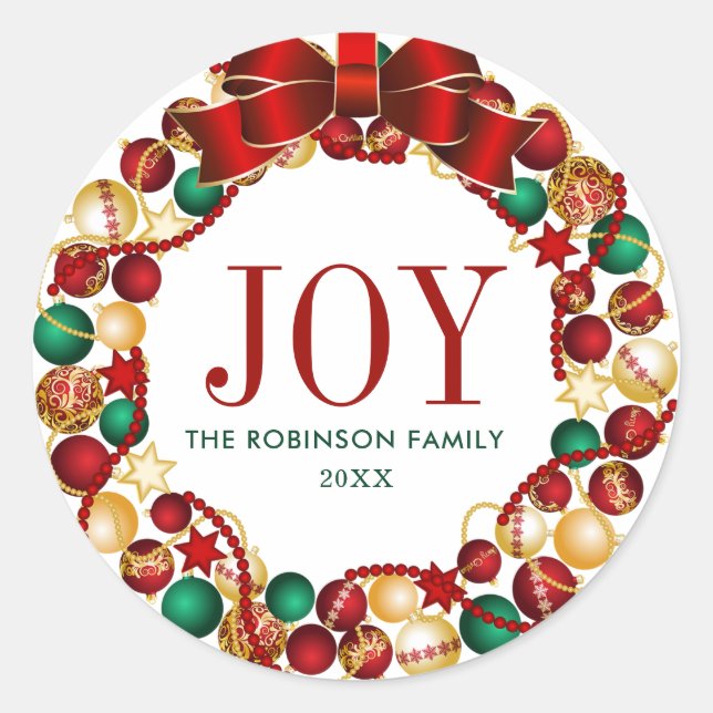 Joy Family Name Christmas Wreath Classic Round Sticker (Front)