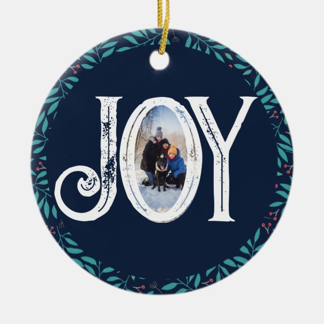 Joy Family Photo Christmas  Ceramic Ornament (Front)