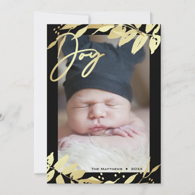 Joy Family Photo Faux Gold Botanical Christmas Holiday Card (Front)