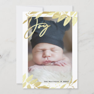 Joy Family Photo Gold White Botanical Christmas Holiday Card